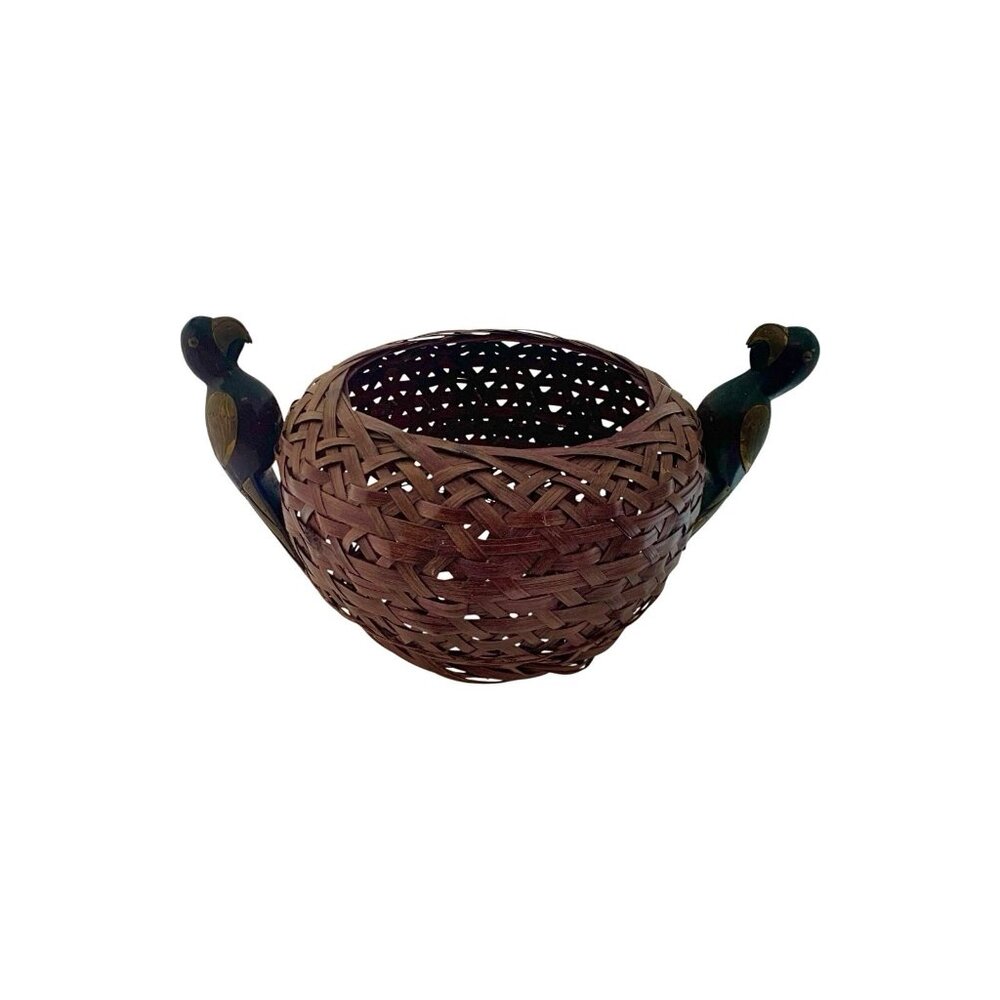 Basket Woven with Wood Parrot Bird Handles Oriental Gift Decor